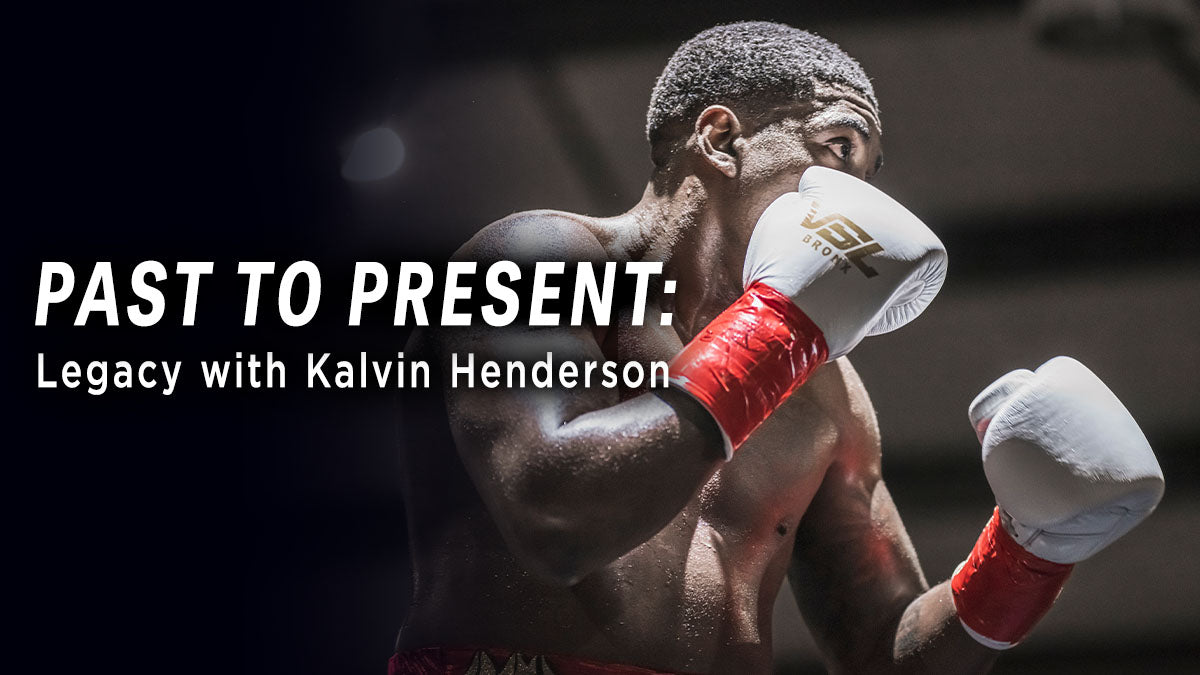This image says “Past to Present: legacy with Kalvin Henderson” and shows an image of Kalvin, a Black man, he is wearing red boxing gloves with red tape.
