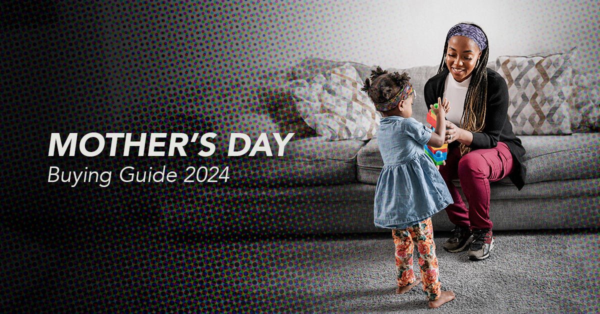 Mother and daughter in a living room, copy says Mother's day buying guide 2024