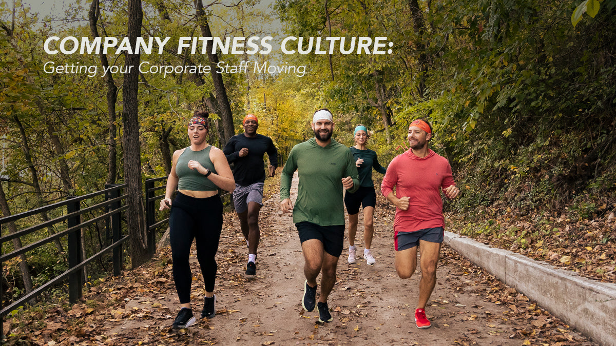 Corporate team running together, copy says company fitness culture: getting your corporate staff moving