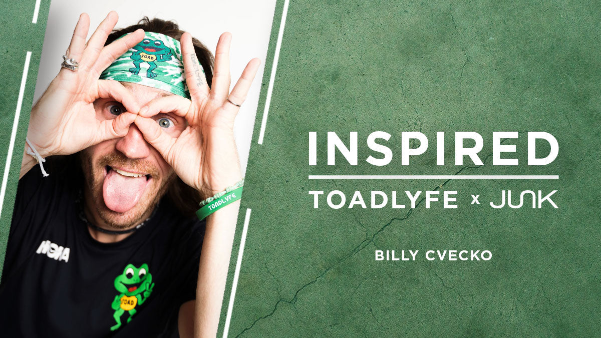 Billy puts his fingers like glasses over his eyes in a hoka shirt with the toad logo. The text reads Inspired: Toadlyfe+JUNK, Billy Cvecko