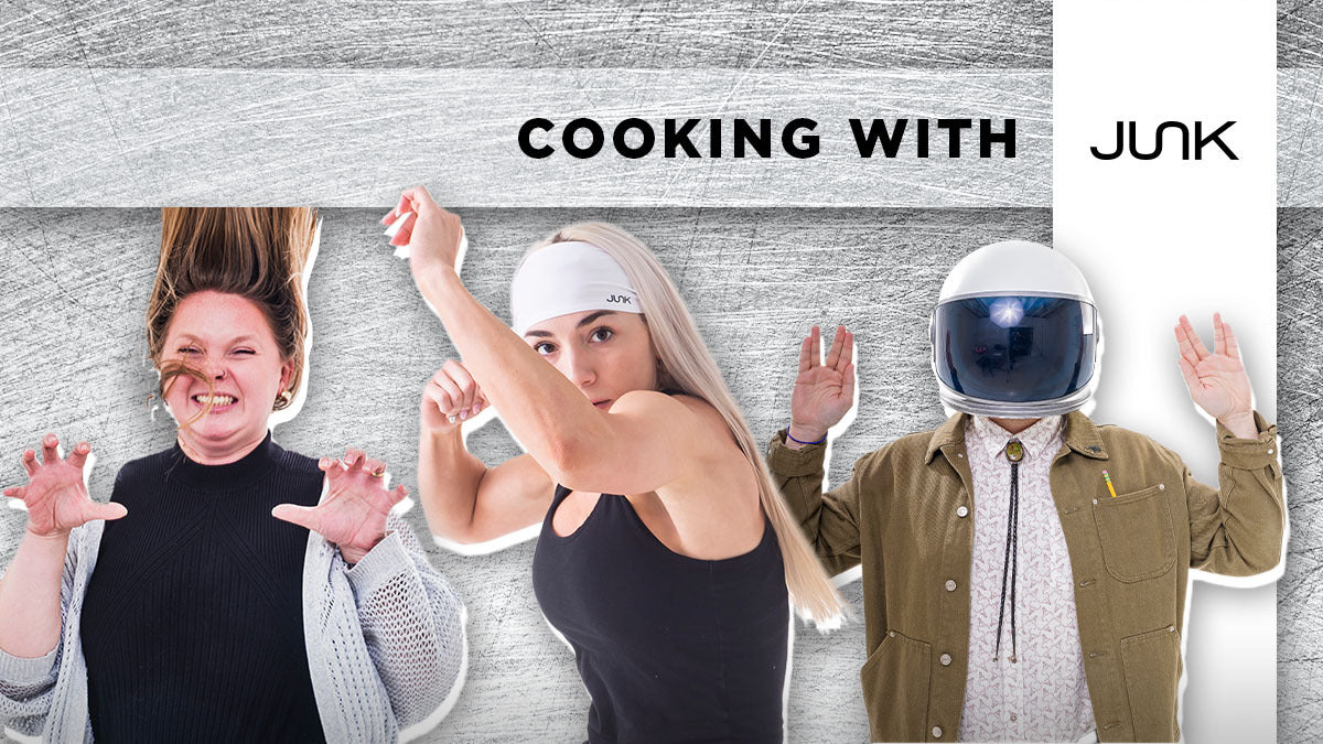 The text overlay says “cooking with JUNK” and there are funny images of the junk employees who have recipes.