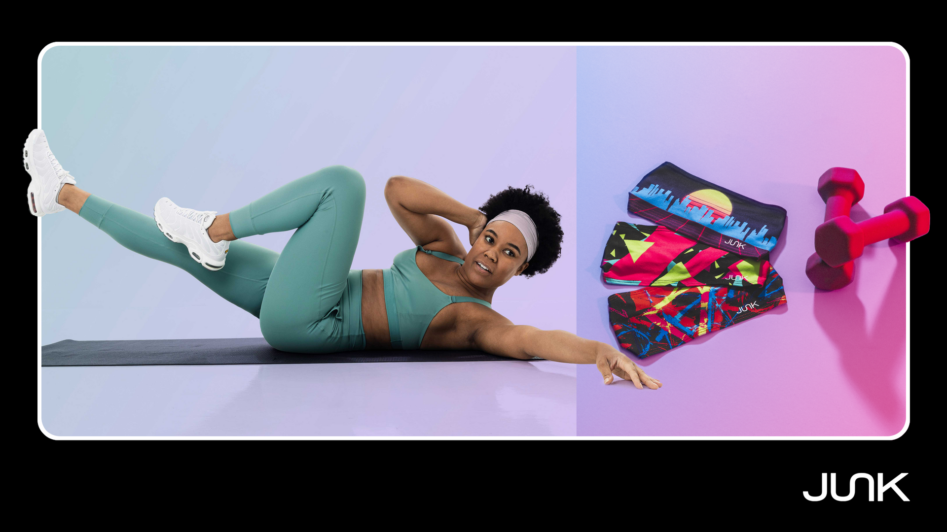 Woman doing an ab workout. JUNK headbands and dumbells next to her.