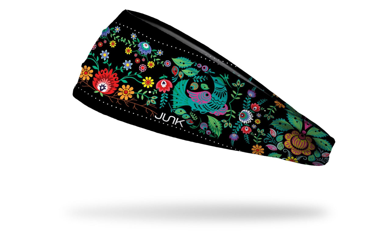 black headband with colorful vintage hippie floral and bird pattern