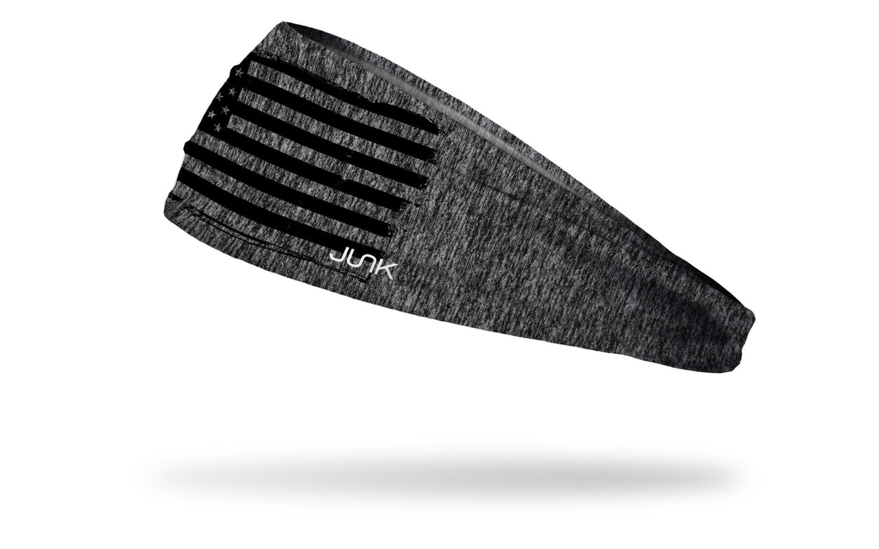 grey and black heathered JUNK headband with distressed american flag outline in black