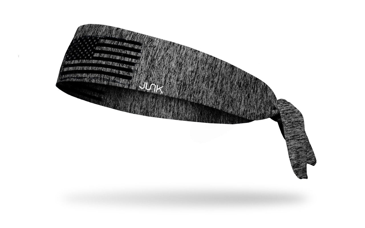 grey and black heathered JUNK headband with distressed american flag outline in black