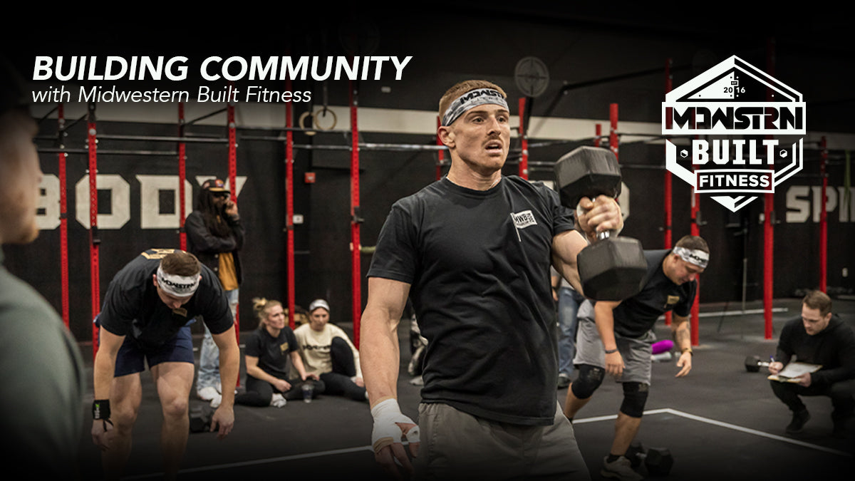 Athlete works out in JUNK Headband that was custom made, the text reads building community with Midwestern Built Fitness