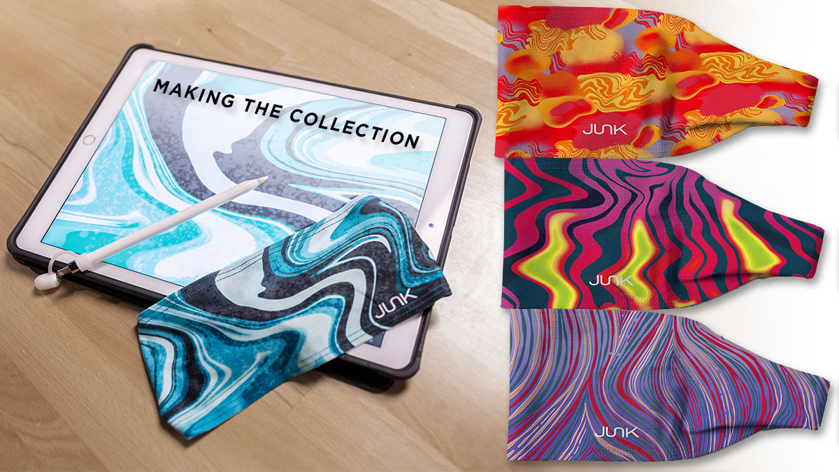 Text overlay shows an ipad with the design of the blue swirly headband that says Making the Collection, on the right are three other designs 