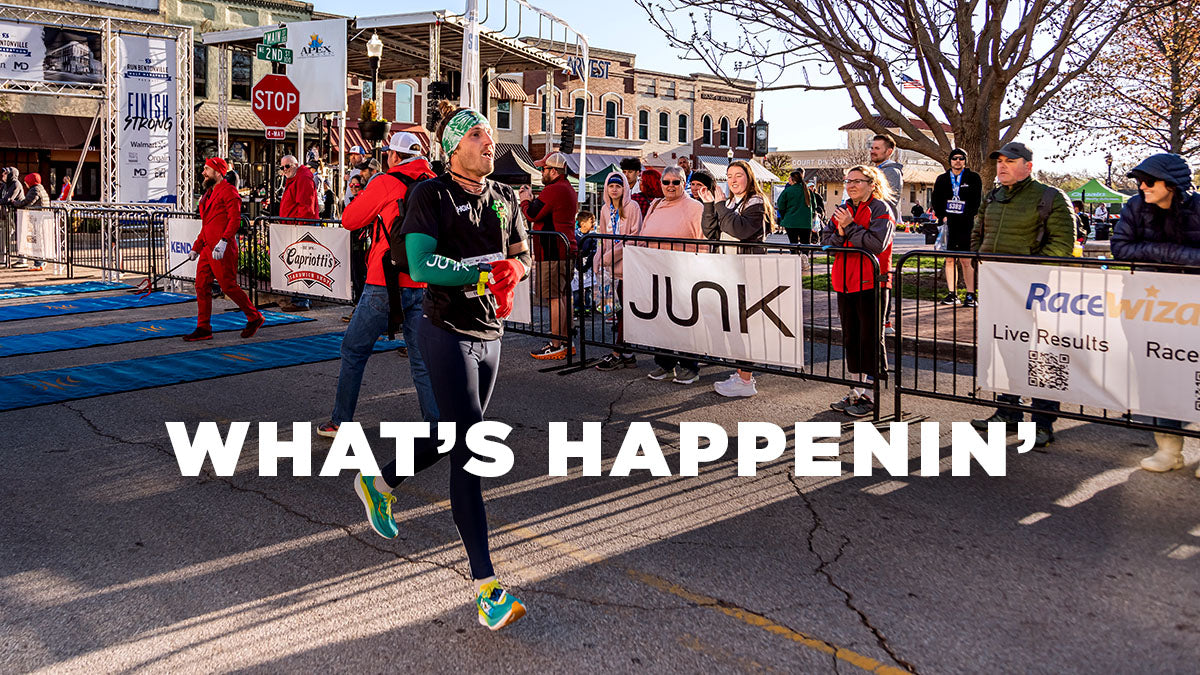 The image shows Billy Cvecko, a runner in all black with green accessories finishing a race and JUNK is a sponsor behind him, the text overlay says “what’s happenin’” 
