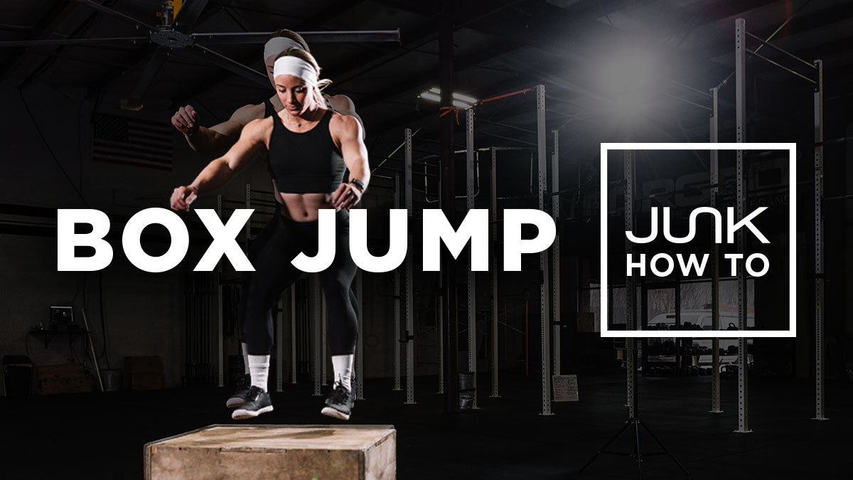 Athletic blonde woman doing a box jump, the text overlay says “box jump: JUNK How to” 
