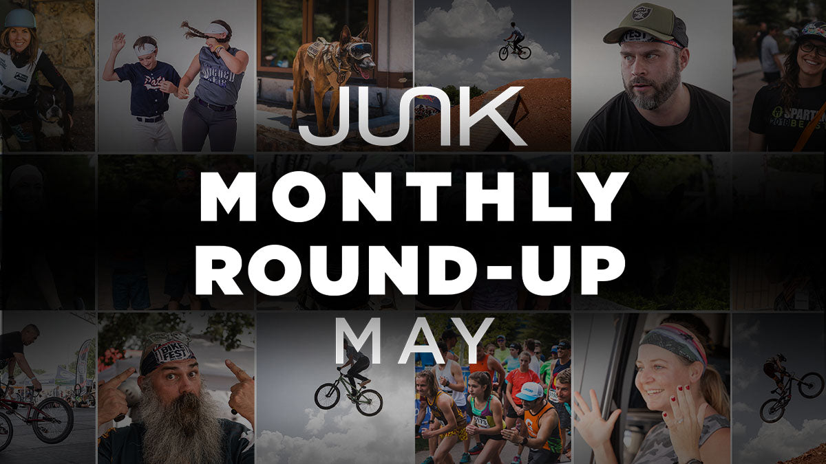 The text overlay says “JUNK Monthly Round Up May” the images in the background are from bikefest and JUNK go pro games 