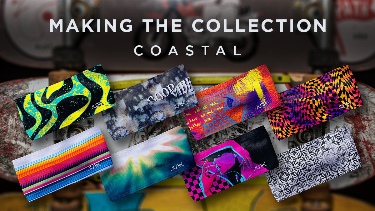 Text overlay says “making the collection: Coastal” there are 8 headbands from the coastal collection in bright fun colors and patterns. 