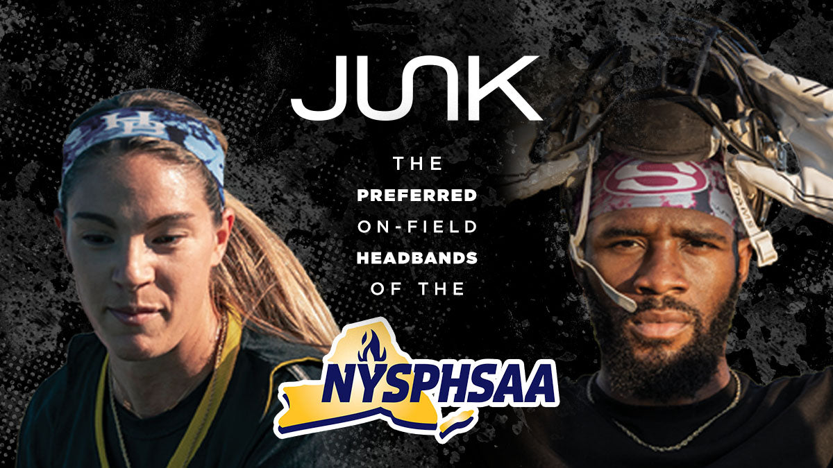 A woman on the left in a junk headband and a man on the right in a junk headband under helmet. The text reads “JUNK the preferred on-field headbands of the NYSPHSAA” 