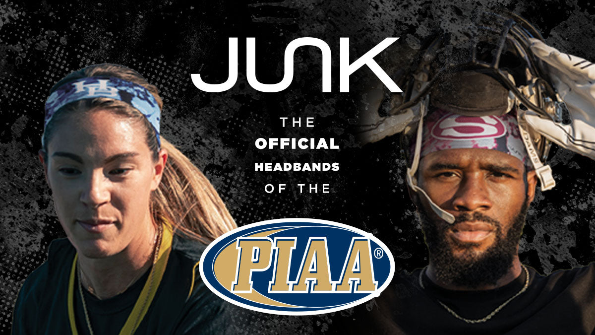 A woman on the left in a junk headband and a man on the right in a junk headband under helmet. The text reads “JUNK the official headbands of the PIAA” 
