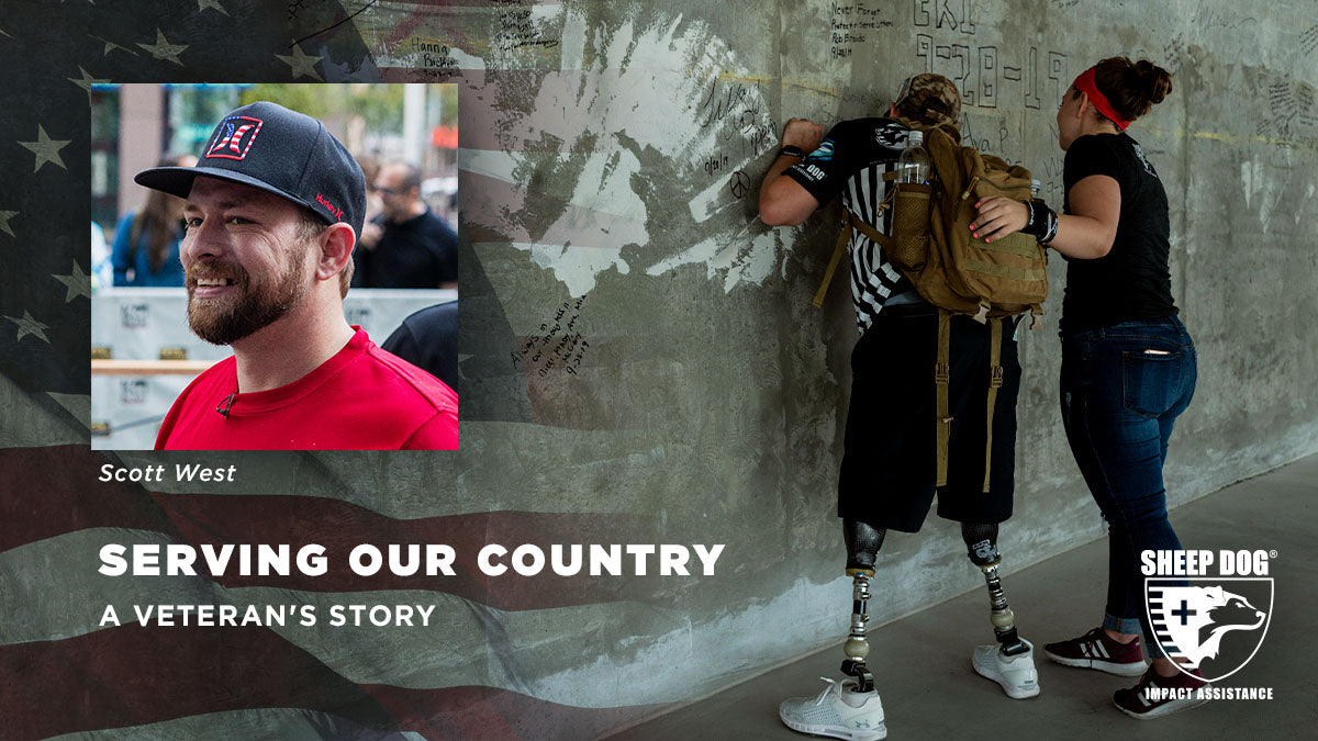 Veteran with prosthetic legs with his wife signing a memorial wall. He smiles in his headshot is in the top left corner. Text says Scott West, serving out country, a veterans story. 