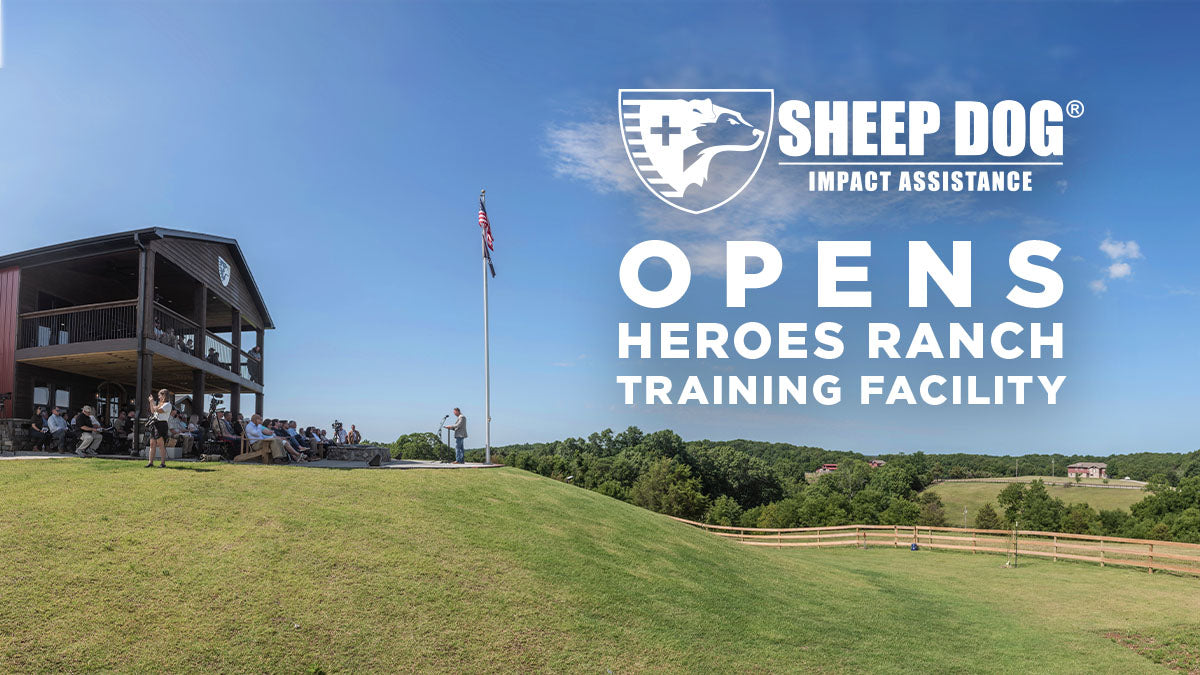 the sheepdog ranch is on the left side of the image, overlooking rolling green hills and blue skies. The text reads "Sheep Dog opens heroes ranch training facility"