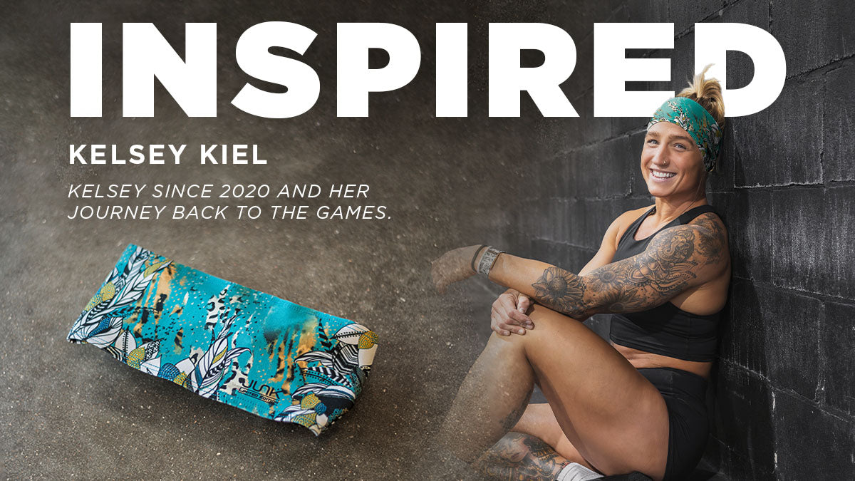 On the left is a turqoise headband with zebra stripes and feathers and flowers on it, on the right is Kelsey Kiel, a blonde fit woman wearing that headband. The text overlay says Inspired, Kelsey Kiel: Kelsey since 2020 and her journey back to the games.