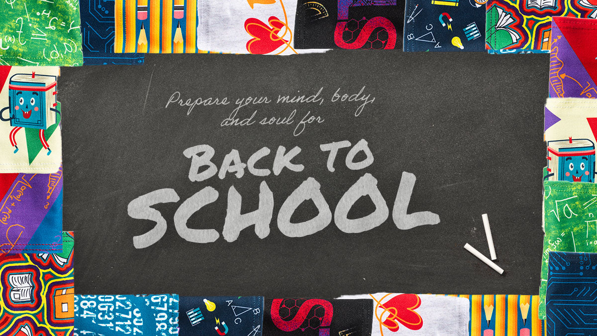 The background of the image is made up of back to school headbands. There is a chalk board overlay that says preparing your mind, body, and soul for Back to School