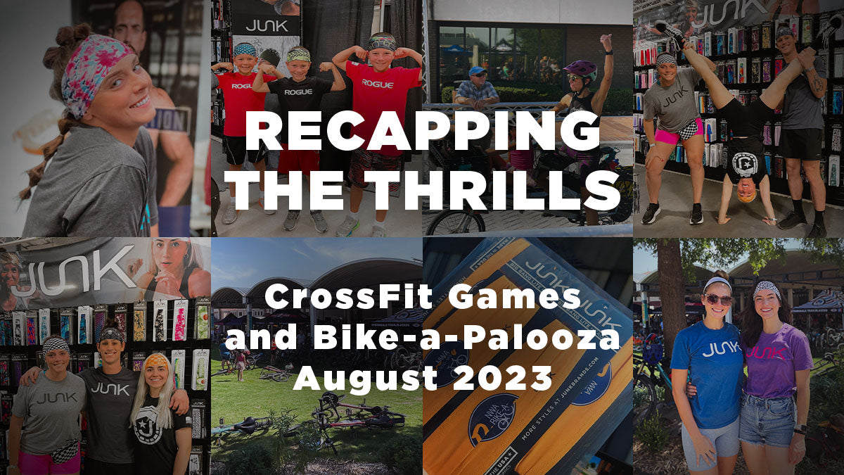 This image collage shows august 2023 JUNK images with employees at various events. The copy says "Recapping the thrills: Crossfit games, bike-a-palooza august 2023"