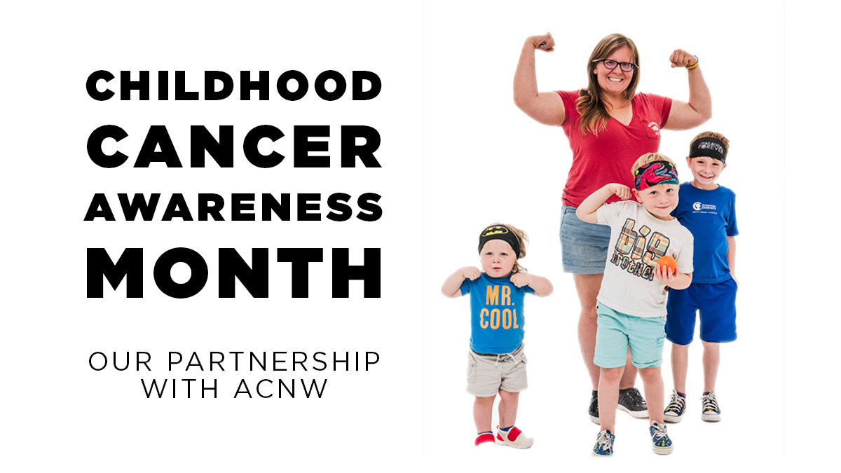 This image shows a mom and three kids striking strength poses wearing various JUNK super hero headbands. The text reads "childhood cancer awareness month: our partnership with ACNW."