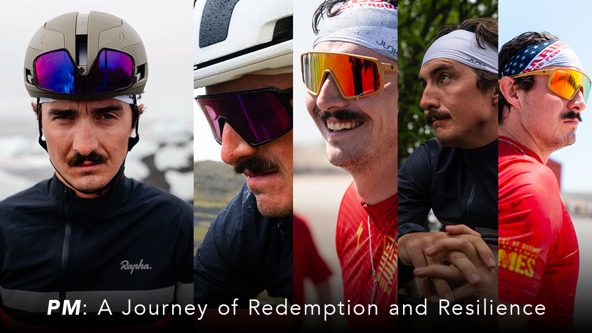    This headwear image shows text that says “PM: A journey of redemption and resilience” it shows five images of Patrick MacDonald in various bicycle gear and different emotions through his journey. 