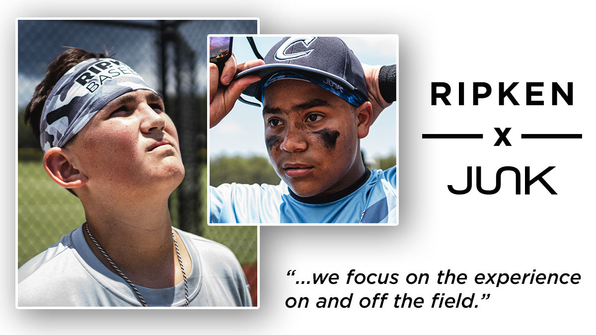 two photos overlapping of young athletes in junk headbands. The black text on white image says Ripken x JUNK "we focus on the experience on and off the field." 