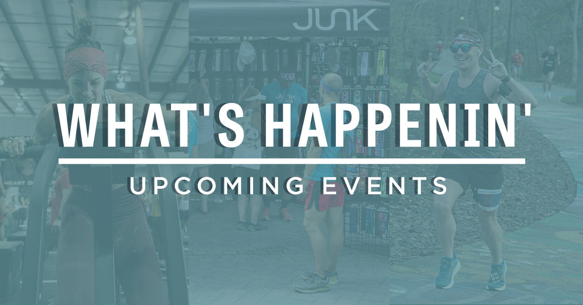 JUNK Event photos with a light blue overlay filter with white text that reads "what's happenin' Upcoming events"