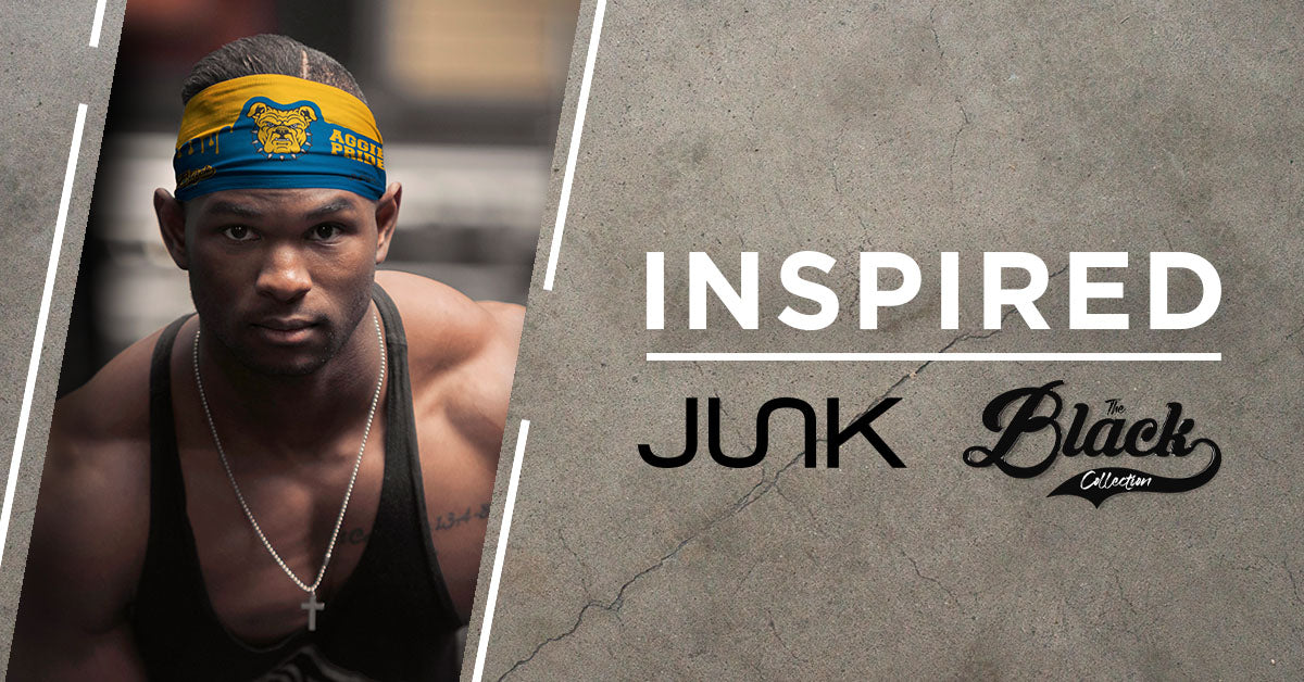 A strong black male athlete looks into the camera wearing a yellow and blue junk headband, the text overlay says, “Inspired: JUNK and the Black Collection” logo 