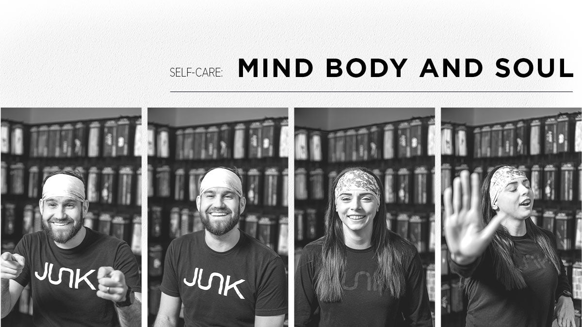 The two photos on the left are of a man with a beard in a junk headband, and the two images on the right are a woman with dark hair and in one photo she is giving the camera “talk to the hand.” The text overlay says, “Self-care: mind body and sould” 