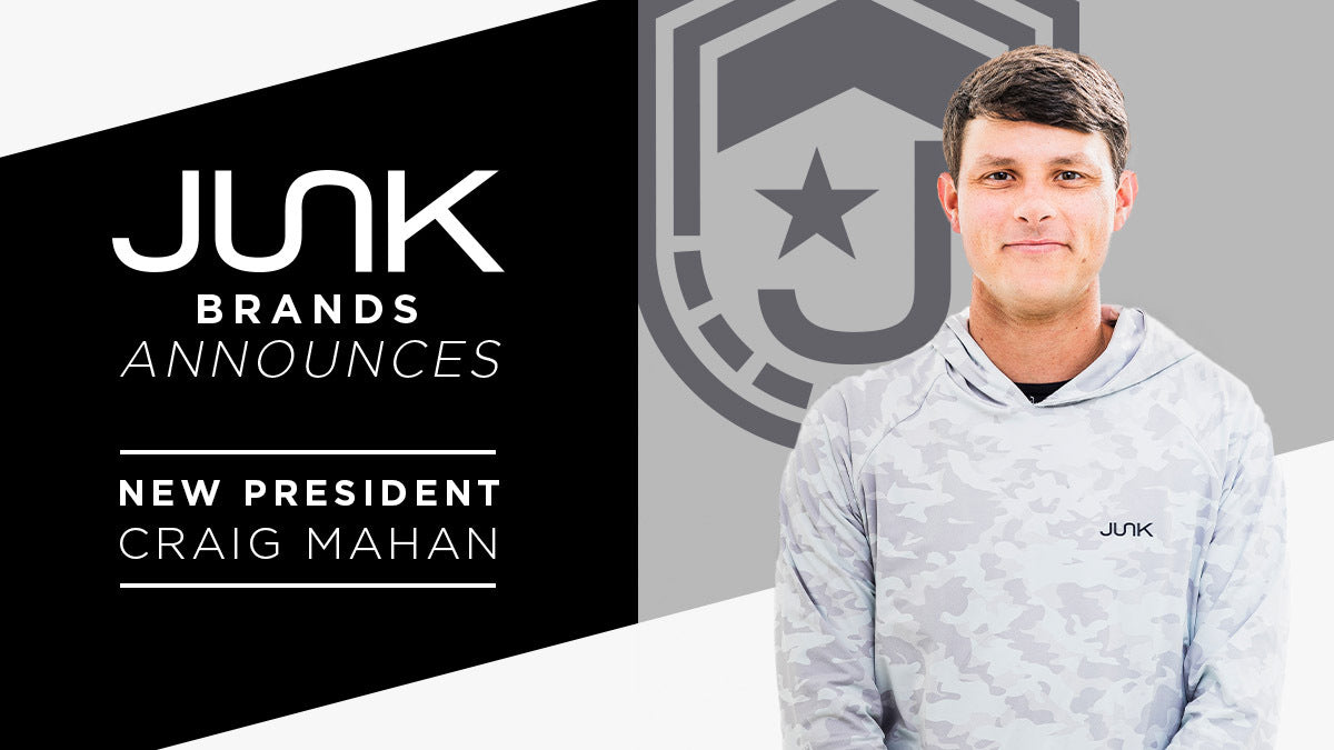 Text overlay reads “JUNK Brands announces New President Craig Mahan” with the JUNK jstar logo in the background and a photo of white haired middle aged man with brown hear wearing a junk headband 