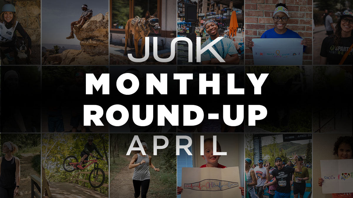 Multiple images in the background with a text overlay, “JUNK Monthly roundup april” 