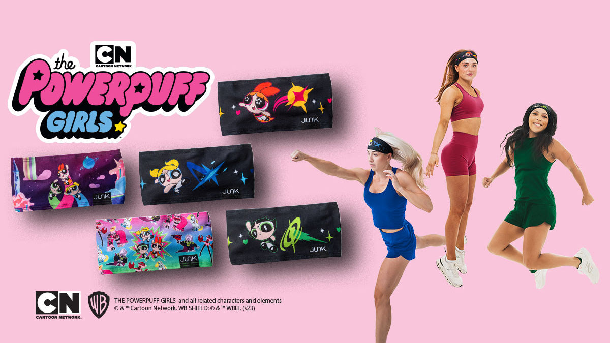 Image shows Powerpuff girls logo and cartoon network legal line. It shows five headbands and three women in power puff girl poses 