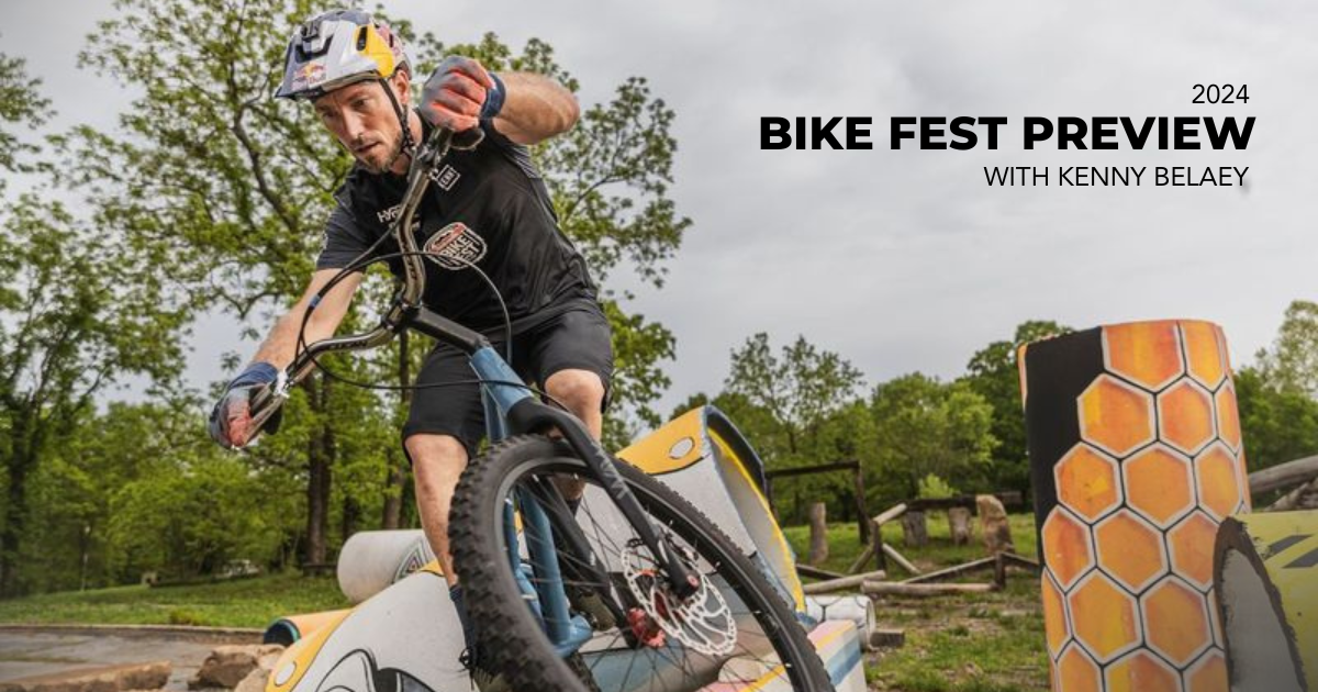 Man on bike trials in red bull bike gear, junk headband text reads bikefest preview with Kenny Belaey