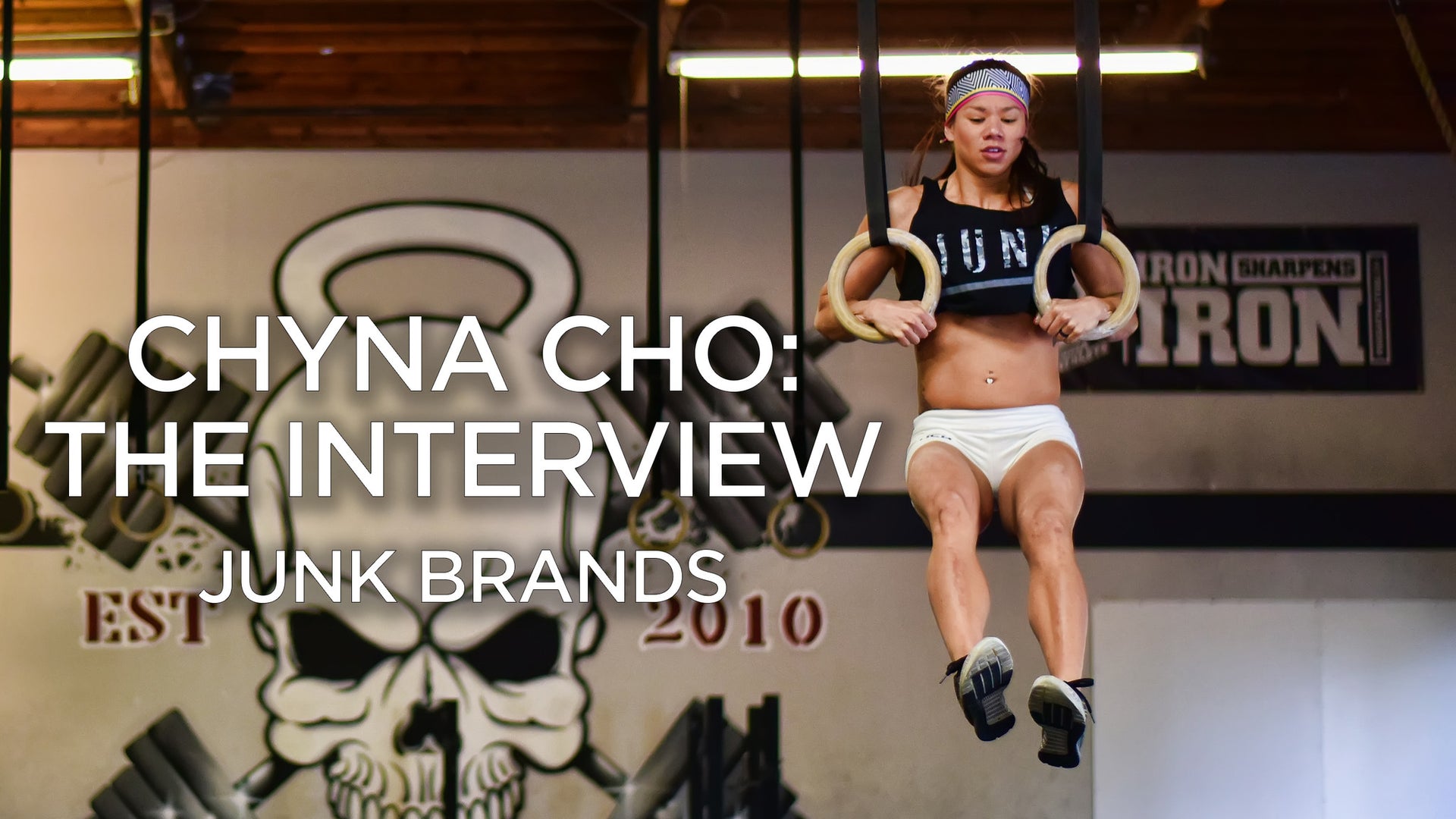 woman perfoming a muscle up text reads Chyna Cho: the interview with JUNK Brands