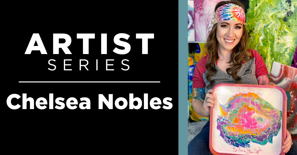 woman holding her art wearing a colorful junk headband text says Artists series: Chelsea Nobles
