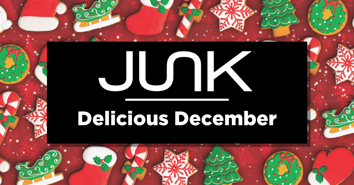 Red and green holiday cookie background with text “JUNK, Delicious December” 