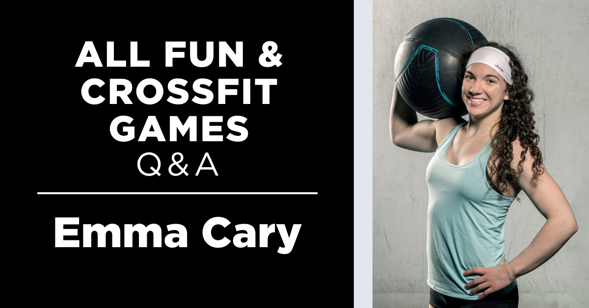 image of woman in a teal tanktop with dark hair and a white junk headband, the text reads all fun & CrossFit games q&a: Emma Cary