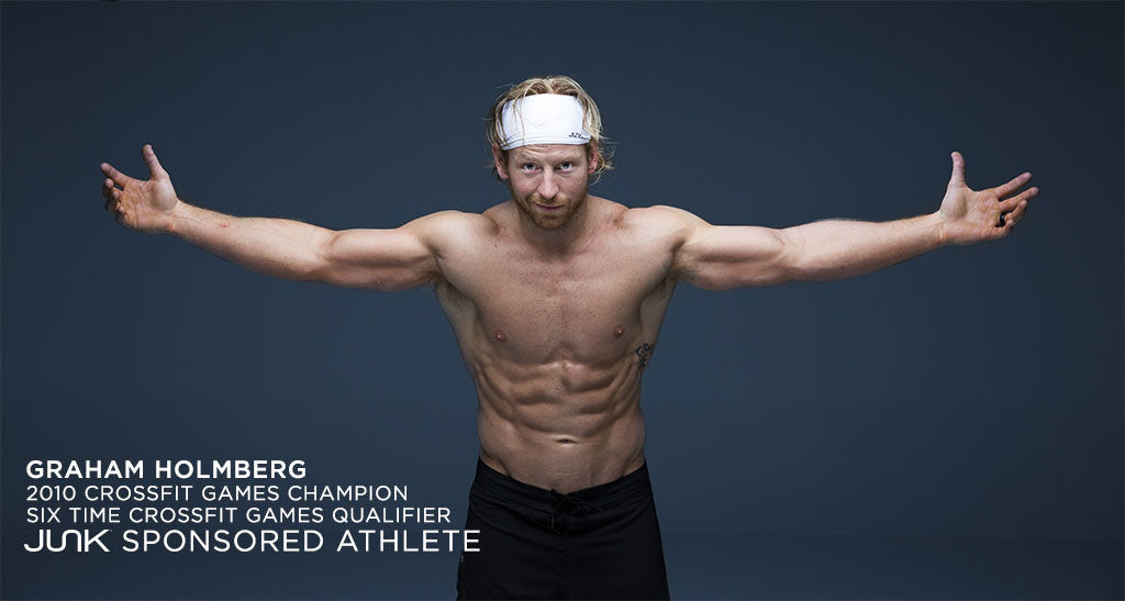 photo of fit man in white headband with muscles and copy reads Graham Holmberg 2010 Crossfit games champion six time XF games qualifier, junk sponsored athlete