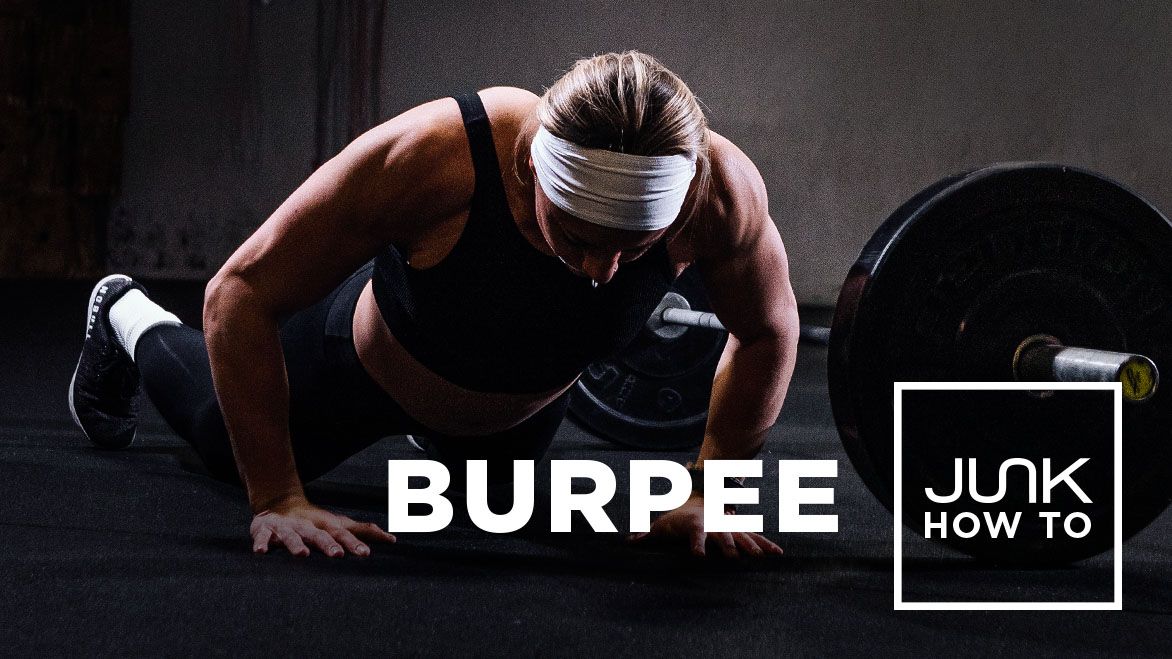 Woman with blonde hair on the ground or the bottom part of a burpee. The text overlay says, “burpee: JUNK How To” 