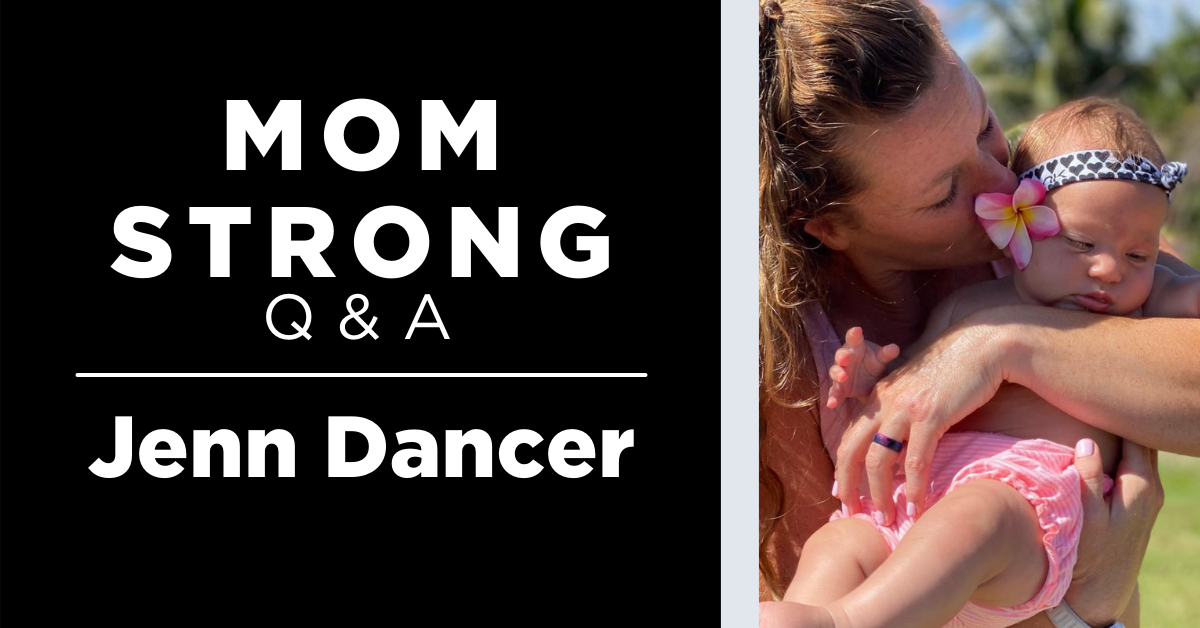 baby wearing JUNK headband getting kissed by her mom, the text says Mom strong Q&A: Jenn Dancer