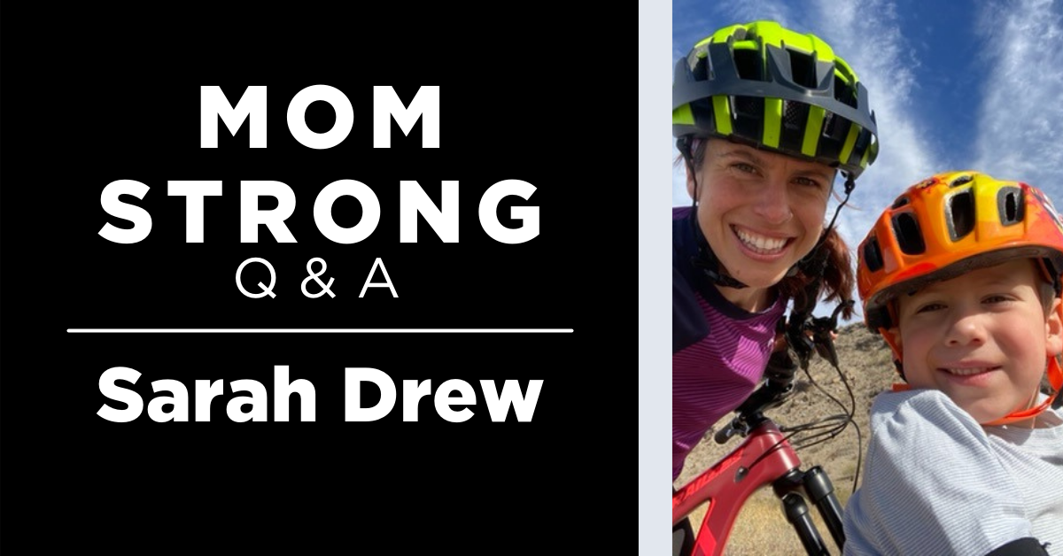 Sarah and her son Dex smiling in their bike helmets, the text reads mom strong Q&A: Sarah Drew