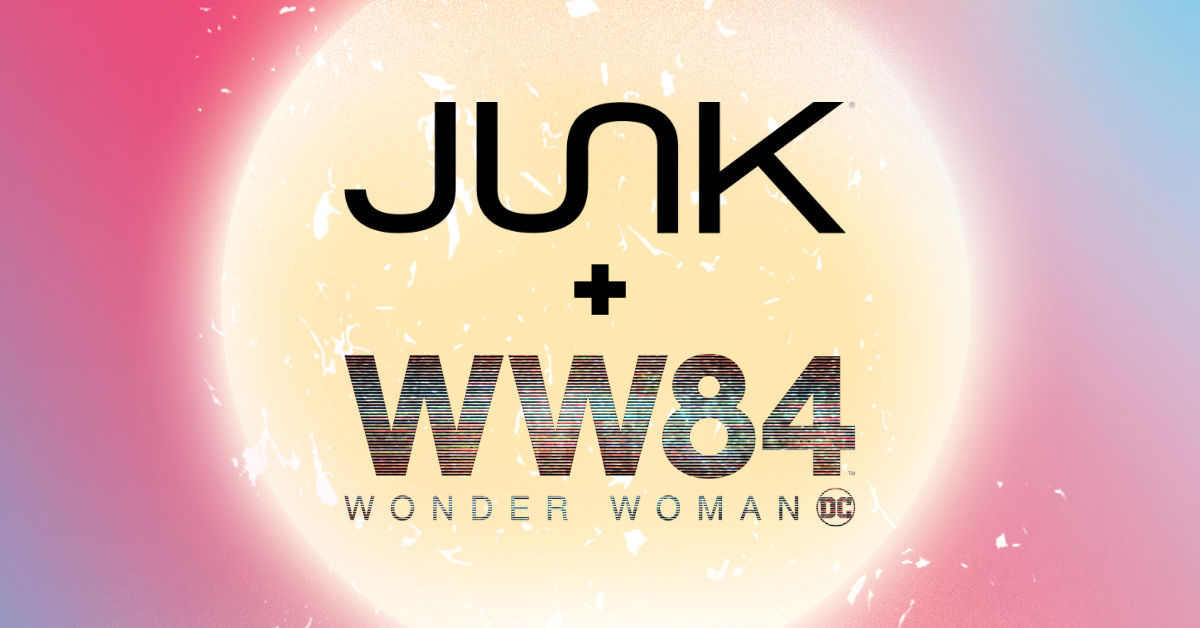 Pink and blue background with glowing sun in the middle, text reads “JUNK + WW84 Wonder Woman” with the DC logo 