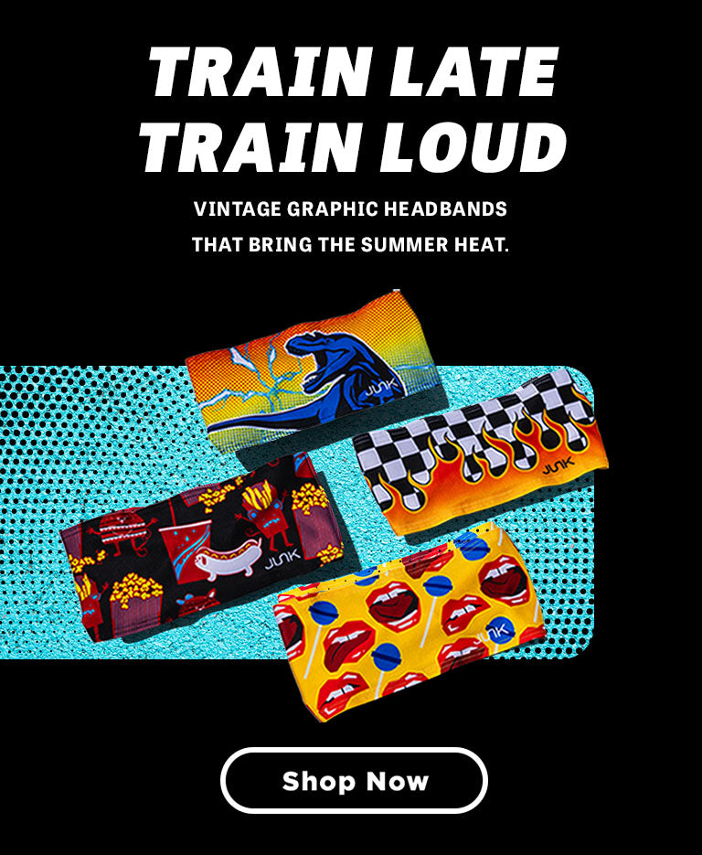 Train Late, Train Loud, Vintage Graphic Headbands that bring the Summer Heat. Shop Now