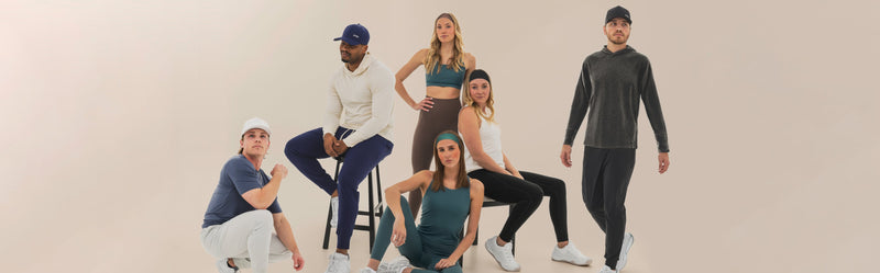 Group of people wearing athletic clothing on a beige background