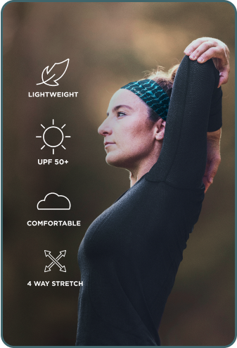 Woman wearing a black athletic outfit with text indicating features like lightweight, UPF 50+, comfort, and 4-way stretch.