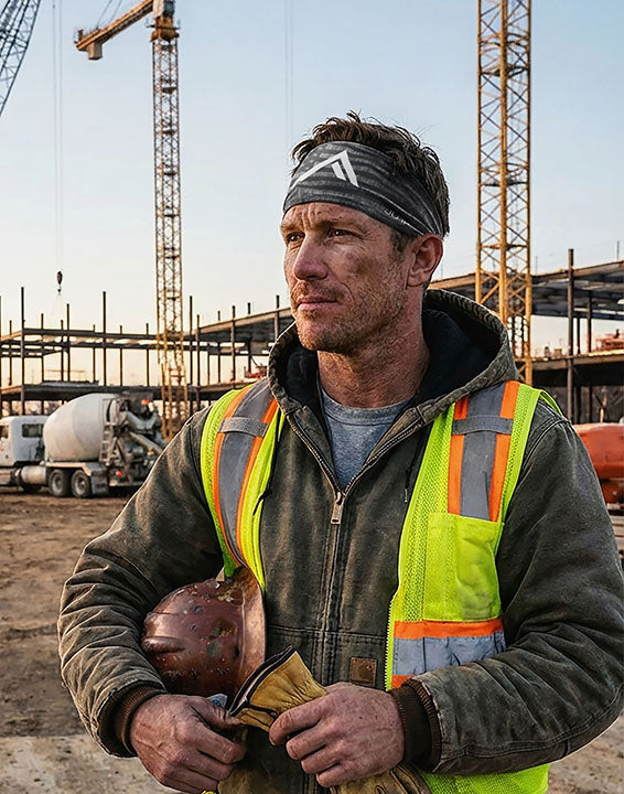 Construction worker in high-visibility gear wearing a custom JUNK headband