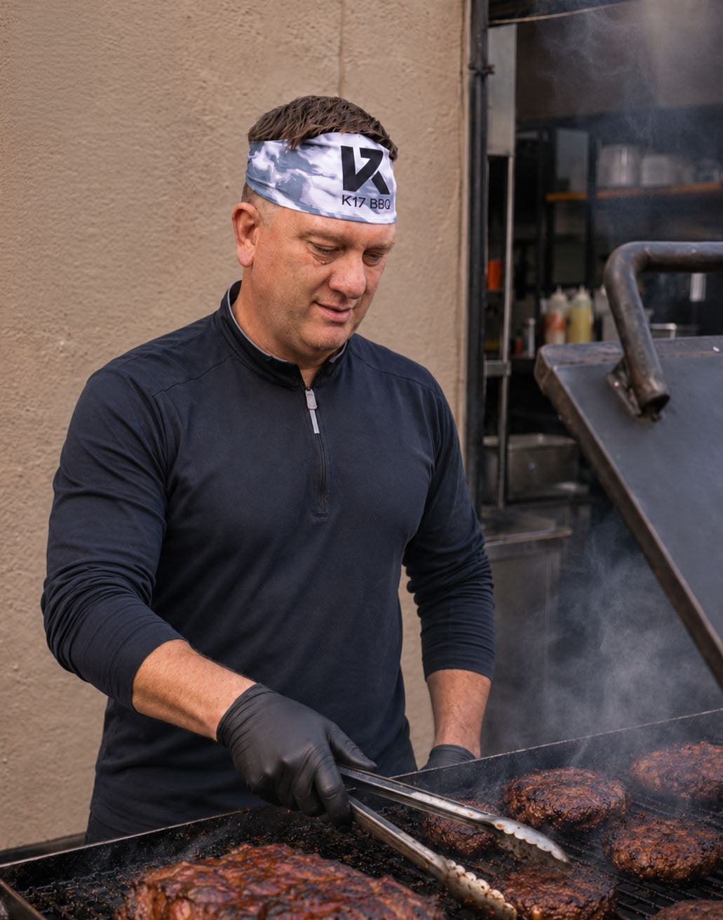 Food service worker at a grill wearing a custom JUNK headband