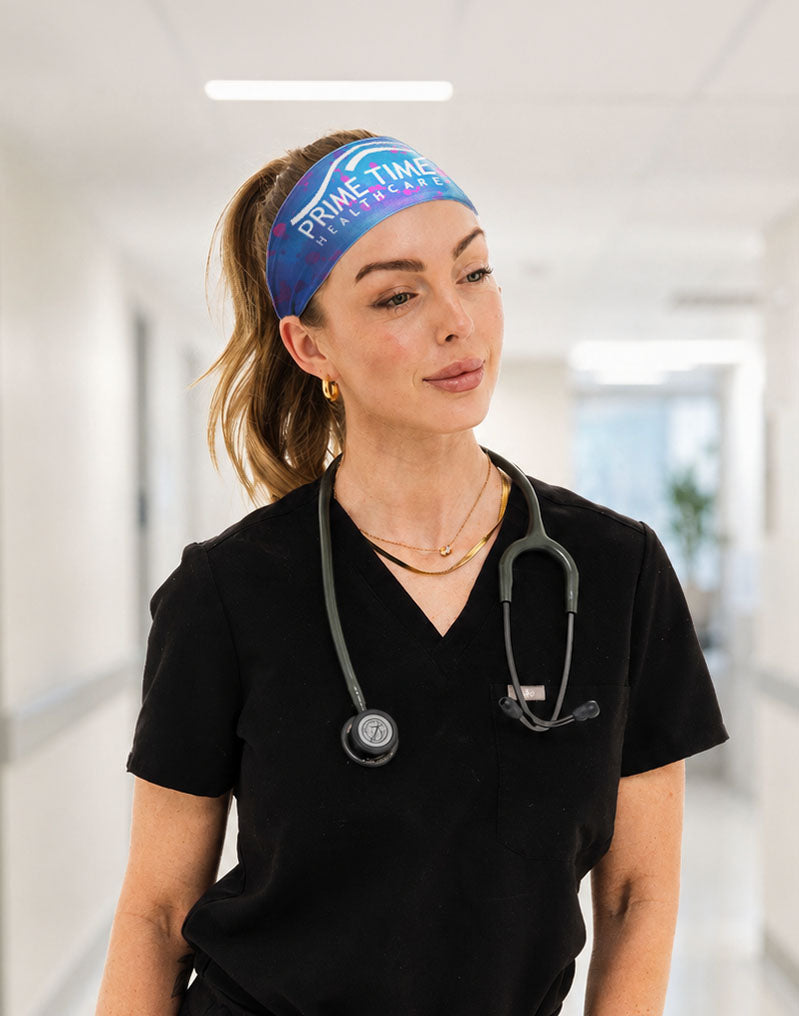 Healthcare worker in scrubs wearing a custom JUNK headband