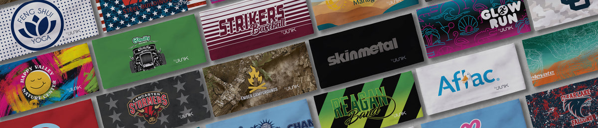 Wall of custom printed JUNK headbands for teams and organizations