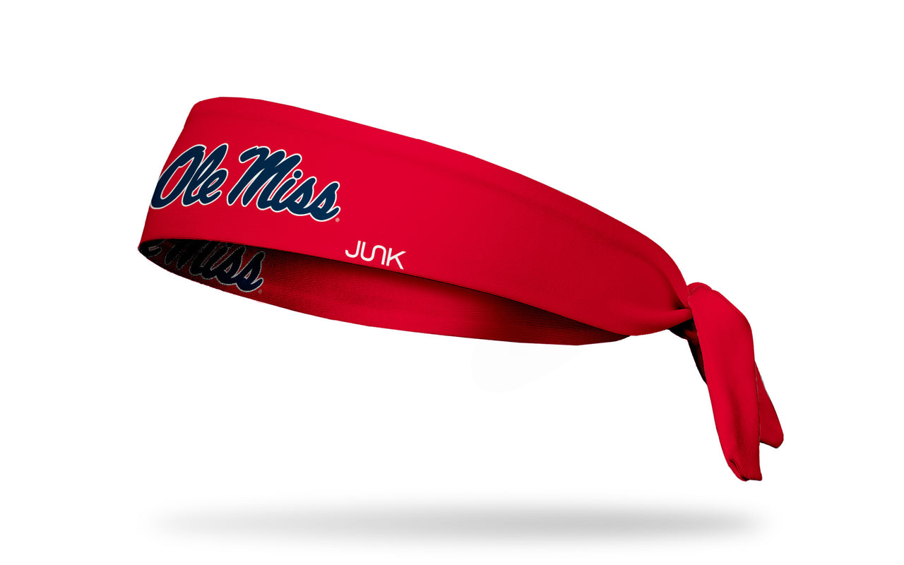 red headband with University of Mississippi Ole Miss wordmark in navy with white outline