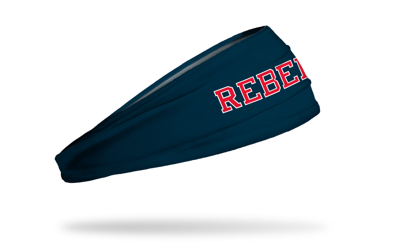 navy headband with University of Mississippi Rebels wordmark in red with white outline